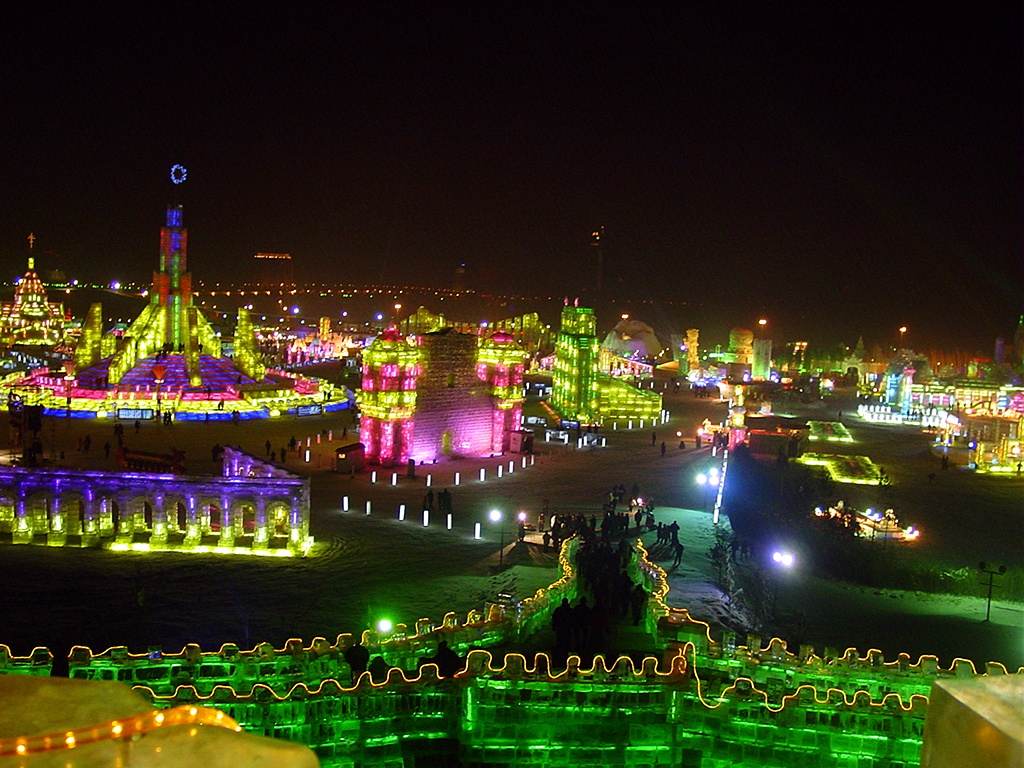 The ice sculptures at Harbin's festival, at night